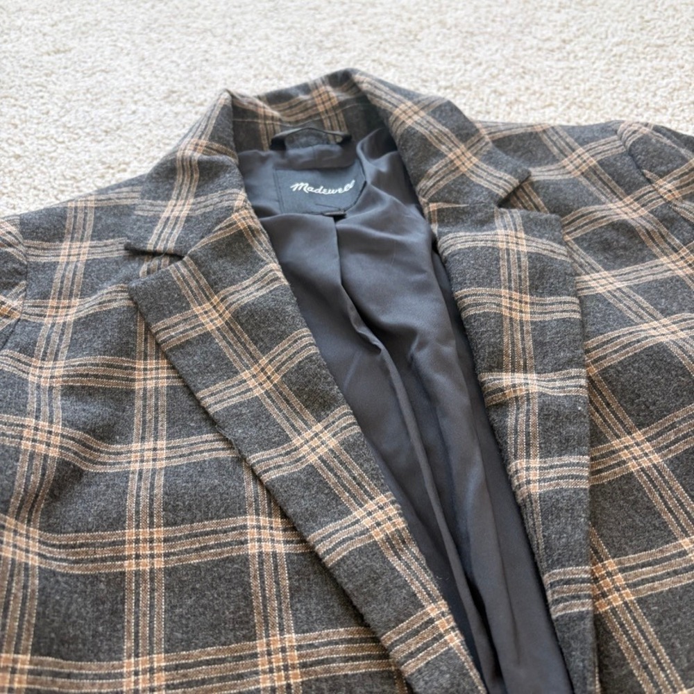 Madewell Dorset Oversized Blazer Womens S Gray Tan Plaid Wool Blend Academia - Picture 2 of 10